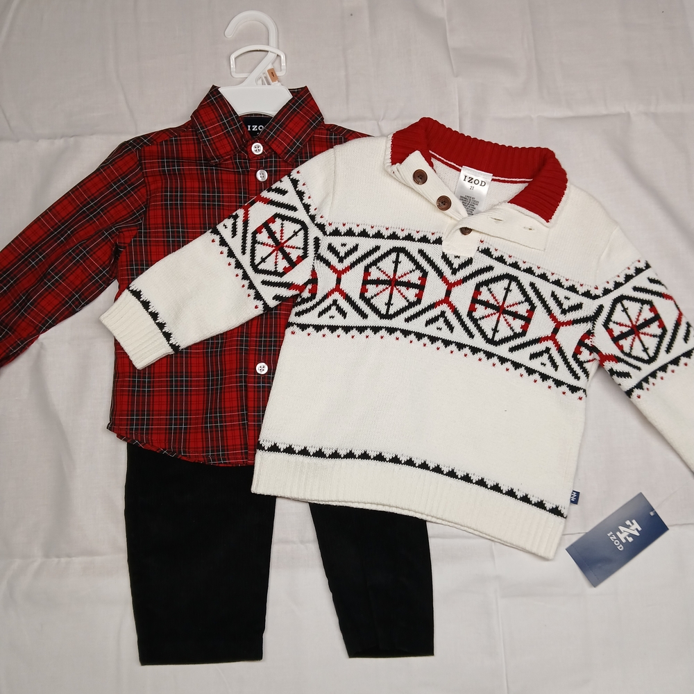 Izod Red Plaid Shirt and White Patterned Sweater Set